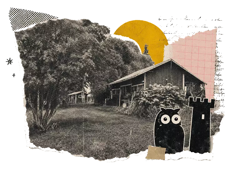 Aged collage of an Owlkeep workshop yard with the Owlkeep owl and keep symbols.